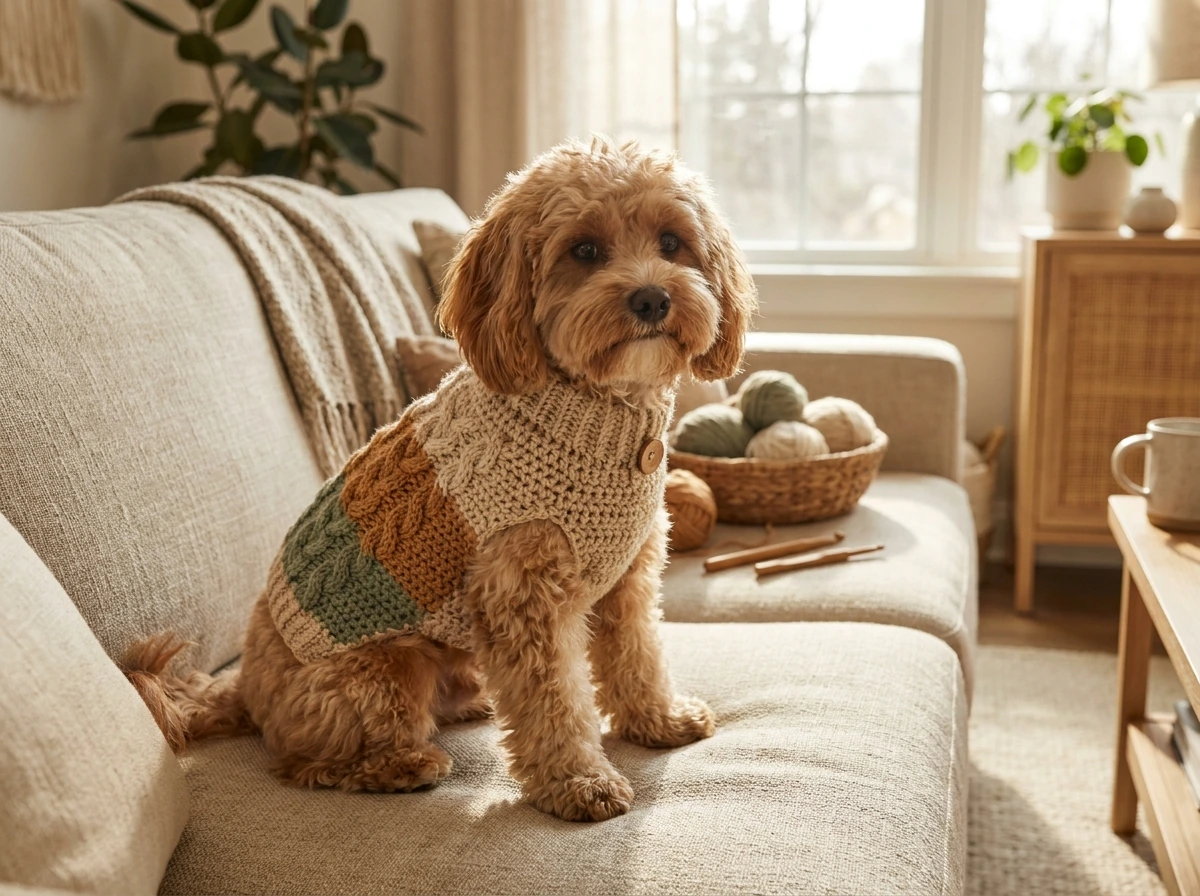 Animal portant un petit vêtement au crochet fait main