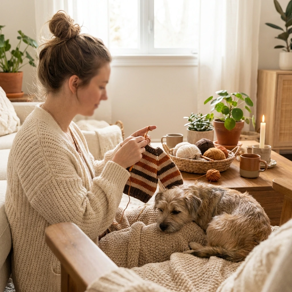 Femme faisant du crochet avec son chien à côté d'elle