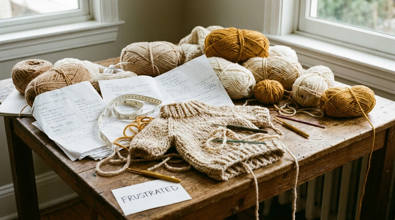 Table avec du matériel de crochet et des schémas confus