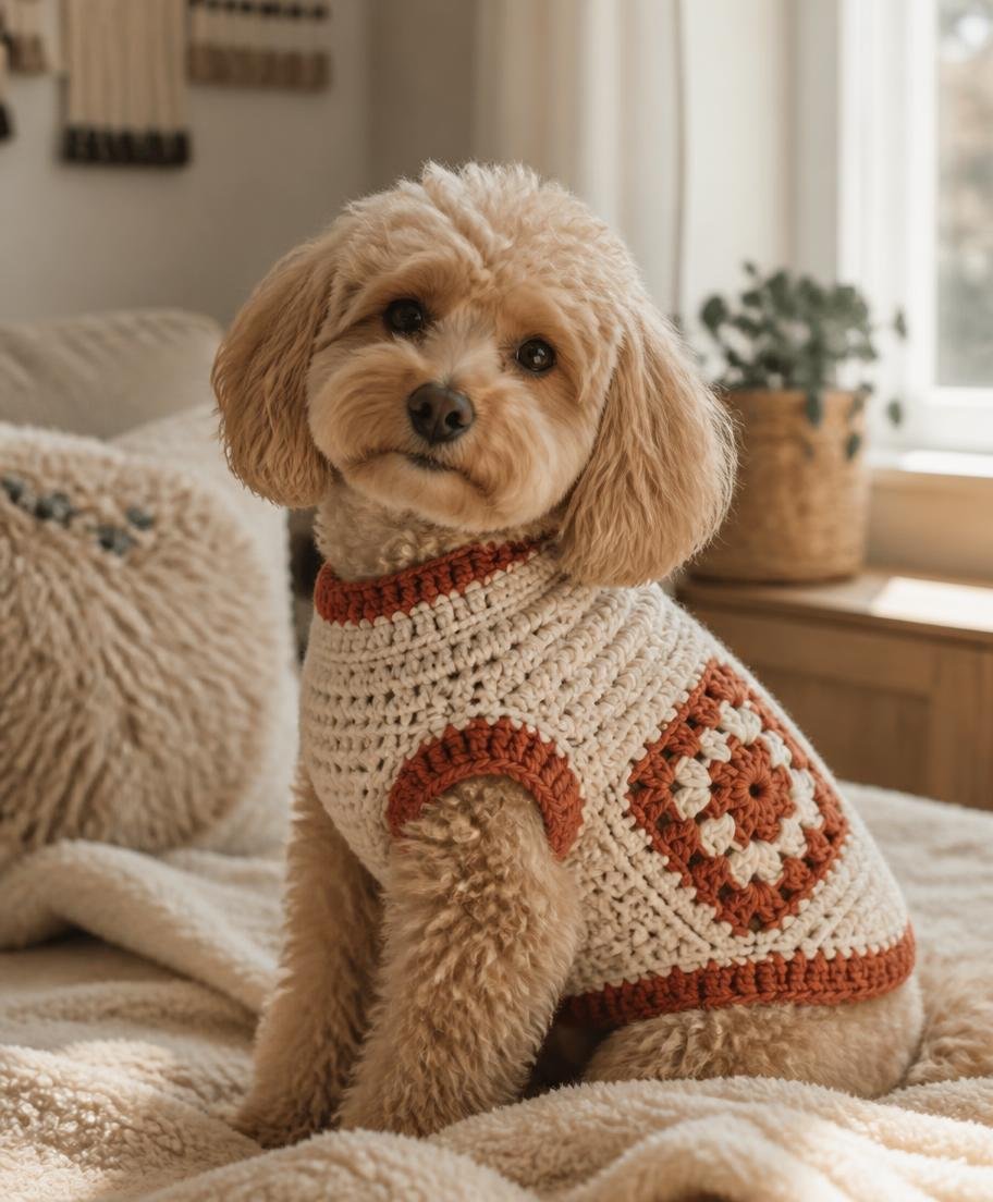 Animal avec un vêtement au crochet fait main